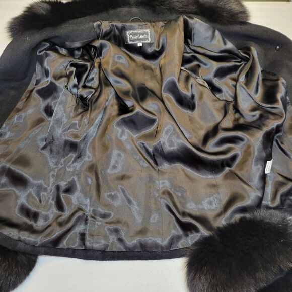 Patty Lewis Vintage Cashmere Wool Elegant Black Fur Trimmed Women's Jacket Coat - Picture 8 of 11